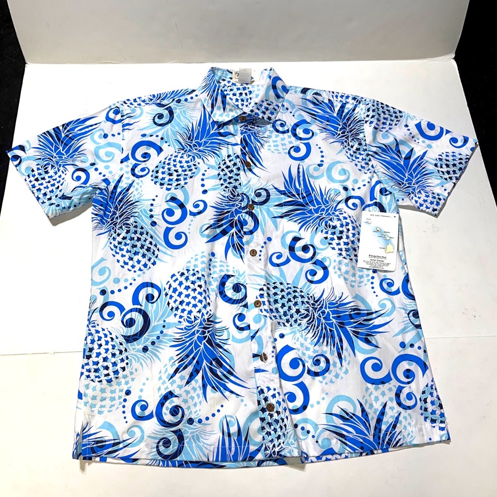 KYS Shirt Mens Large Blue White Pineapple Hawaiian Aloha Button Short Sleeve USA